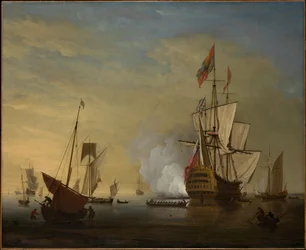 Scena portuale: una nave inglese con le vele spiegate spara un colpo di cannone