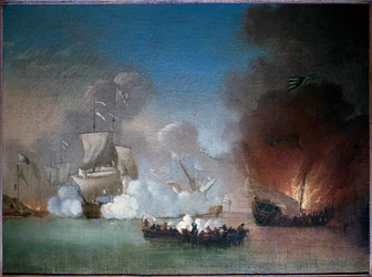 Battaglia navale tra una nave da guerra portoghese e galere pirata spinose, circa 1685