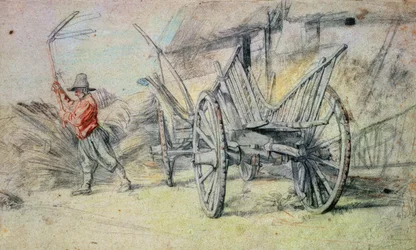 Un uomo che trebbia con un carro agricolo in primo piano