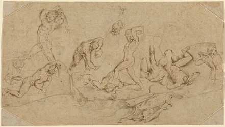 Battaglia di uomini nudi (penna e inchiostro marrone su gesso nero su quattro pezzi tagliati irregolarmente di due tipi di carta vergata; steso e con l