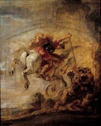 Bellerofonte sale su Pegaso attraverso la sua lancia la chimera