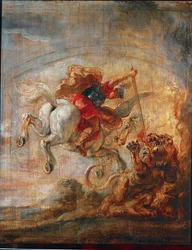 Bellerofonte, in sella a Pegaso, combatte la Chimera (olio su tela)