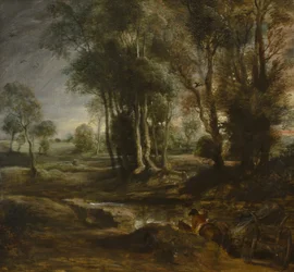 Paesaggio serale con carro di legname, 1630-1640