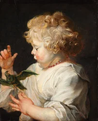 Tedesco: Ritratto di bambino con uccello Un bambino con uccello
