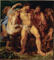 Ercole, ubriaco, guidato da una ninfa e da un satiro, 1612-14 circa (dipinto su legno di quercia)