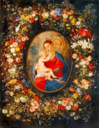 La Vergine, il bambino Gesù e angeli in mezzo a una ghirlanda di fiori