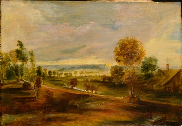 Paesaggio con edifici agricoli al tramonto