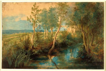 Paesaggio con ruscello e alberi