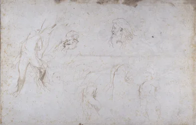 Studi di una figura maschile legata a un albero e di due teste maschili, c.1601