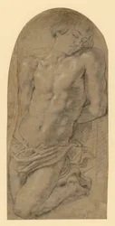 Giovane inginocchiato a sinistra con le mani legate dietro la schiena. (Studio preliminare per Isacco nel dipinto "Il sacrificio di Abramo")