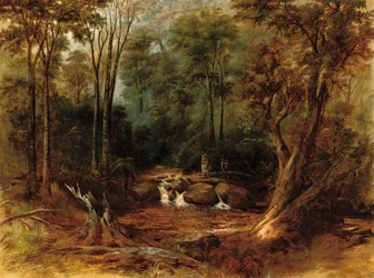Maori che attraversano un ruscello nella foresta, 1887