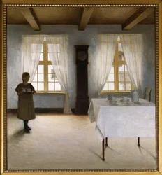 Un interno con una giovane che serve il tè