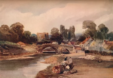 Un villaggio su un fiume, con ponte e rovine, ca. 1824