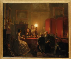 Una famiglia riunita attorno a un tavolo illuminato da una lampada, 1854
