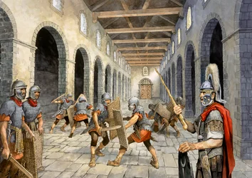 Fanteria romana che pratica il combattimento