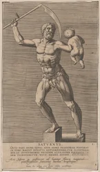 Piatto 1: Saturno, statua del dio nudo in piedi su un piedistallo, che tiene una falce nella mano destra, 1586
