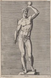 Apollo, statua del dio nudo in piedi su un piedistallo, con una corona e tenendo un...