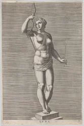 Tavola 7: Diana, statua della dea nuda in piedi su un piedistallo, che indossa una mezzaluna in ..., 1586