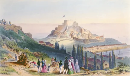 Arrivo di Sua Maestà a Mount Orgueil, 3 settembre 1846, dalla visita della regina Vittoria a Jersey, inciso da H. Walter, 1847