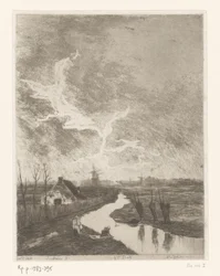 Weidelandschap met sloot, boerderij en molens
