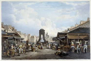 La passeggiata intorno alla fontana degli innocenti, ca. 1840 - in "Promenade dans Paris et ses environs", ill. di Jacottet e Benoist, Parigi, v.1840