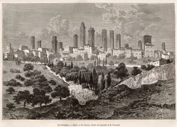 Veduta di San Gimignano (Toscana, Italia). Incisione dal disegno di Ph. Benoist, per illustrare il viaggio in Toscana e Umbria, di Francis Wey, nel 1875, pubblicato in "Le tour du monde" 1876, a cura di Edouard Charton, edizione Hachette, Parigi. Selva