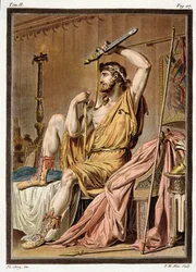 Agamennone, costume per «Ifigenia in Aulide» di Jean Racine, dal volume II delle «Ricerche sui costumi e il teatro di tutte le nazioni», inciso da Pierre Michel Alix (1762-1817), 1802
