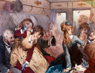 Il treno del piacere Un gruppo di borghesi che bevono e si divertono in un vagone. Litografia di Philippe Jacques Linder