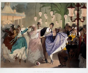 La valzer nella scena di danza Mabille nel 1867. Litografia di Philippe Jacques Linder. Serie Musee de Moeurs et d