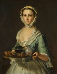 Una giovane donna che tiene un vassoio da tè, possibilmente Hannah, la domestica dell