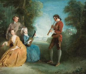 Due coppie di amanti, una delle quali fa musica, in un parco (olio su tela)