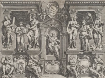 Stampa di Tesi Allegorica con Varie Figure, Ambientata in una Struttura Architettonica