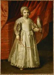 Bambina con falco, probabilmente Anne-Marie de Chevreuse, di 5 anni, figlia di Claude de Lorraine, duc de Chevreuse ...
