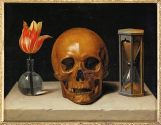 Vanitas, allegoria del tempo fugace con teschio e clessidra (olio su tela)