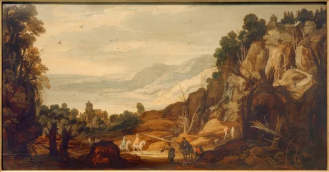 Paesaggio montano con cavalieri