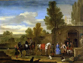Gruppo Equestre fuori dalle Mura di un Castello