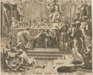 I sacerdoti di Bel mangiano e bevono nel tempio, tavola 4, e Daniele nutre il drago, tavola 7, tavole 4 e 7 della serie «La storia di Daniele, Bel e il drago»