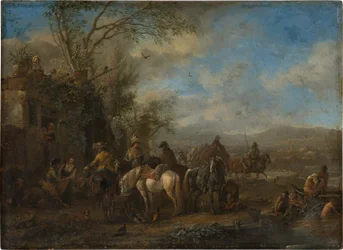 Cavalieri armati davanti a una locanda