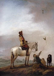 Gentiluomo a cavallo che osserva un falconiere