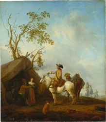 Cavalieri davanti alla tenda di una vivandiera