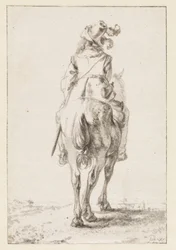 Cavaliere a cavallo, visto da dietro