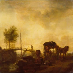 Lavoratori che caricano la torba da una chiatta su un carro (olio su tavola)