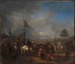 Una fiera di cavalli vicino a un campo militare, 1665-1668 circa (olio su tavola)
