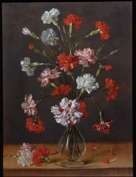 Un bouquet di garofani in un vaso di vetro, 1600-1700 circa (olio su tavola)
