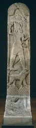 Stele votiva raffigurante un dio in piedi su un leone, da Amrith, c.550 a.C.