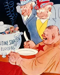 Un enorme soldato russo pronto a mangiare da una pentola con la scritta 