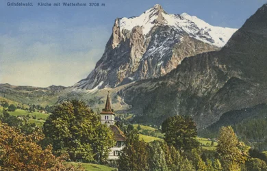 Chiesa di Grindelwald e Wetterhorn, Svizzera (foto a colori)