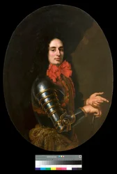 Ritratto di gentiluomo con armatura e sciarpa rossa