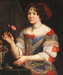 Ritratto di una signora, a tre quarti, in un vestito ricamato blu e rosso