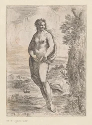 Donna nuda in piedi nel paesaggio